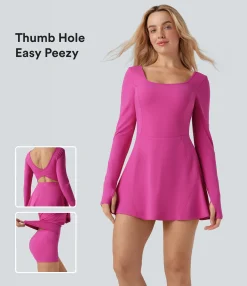 Active Dresses|Dresses<HALARA SoftlyZero™ Airy U Neck Long Sleeve Thumb Hole 2-in-1 Cool Touch Mini Dance Active Dress with Pockets-Easy Peezy