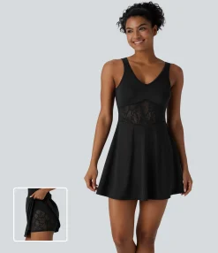 Mini Dresses|Active Dresses<HALARA SoftlyZero™ Airy V Neck Contrast Lace 2-in-1 Cool Touch Mini Yoga Active Dress-UPF50+