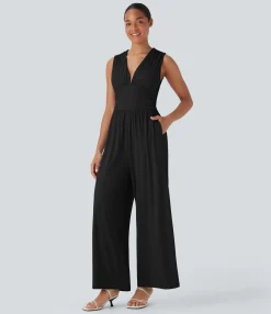 Jumpsuits<HALARA SoftlyZero™ Airy V Neck Sleeveless Ruched Pocket Cool Touch Casual Jumpsuit-Easy Peezy