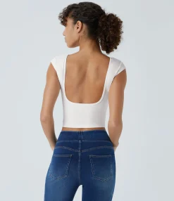 Casual Tops|T-Shirts<HALARA SoftlyZero™ Boat Neck Cap Sleeve Cropped Casual T-Shirt-UPF50+