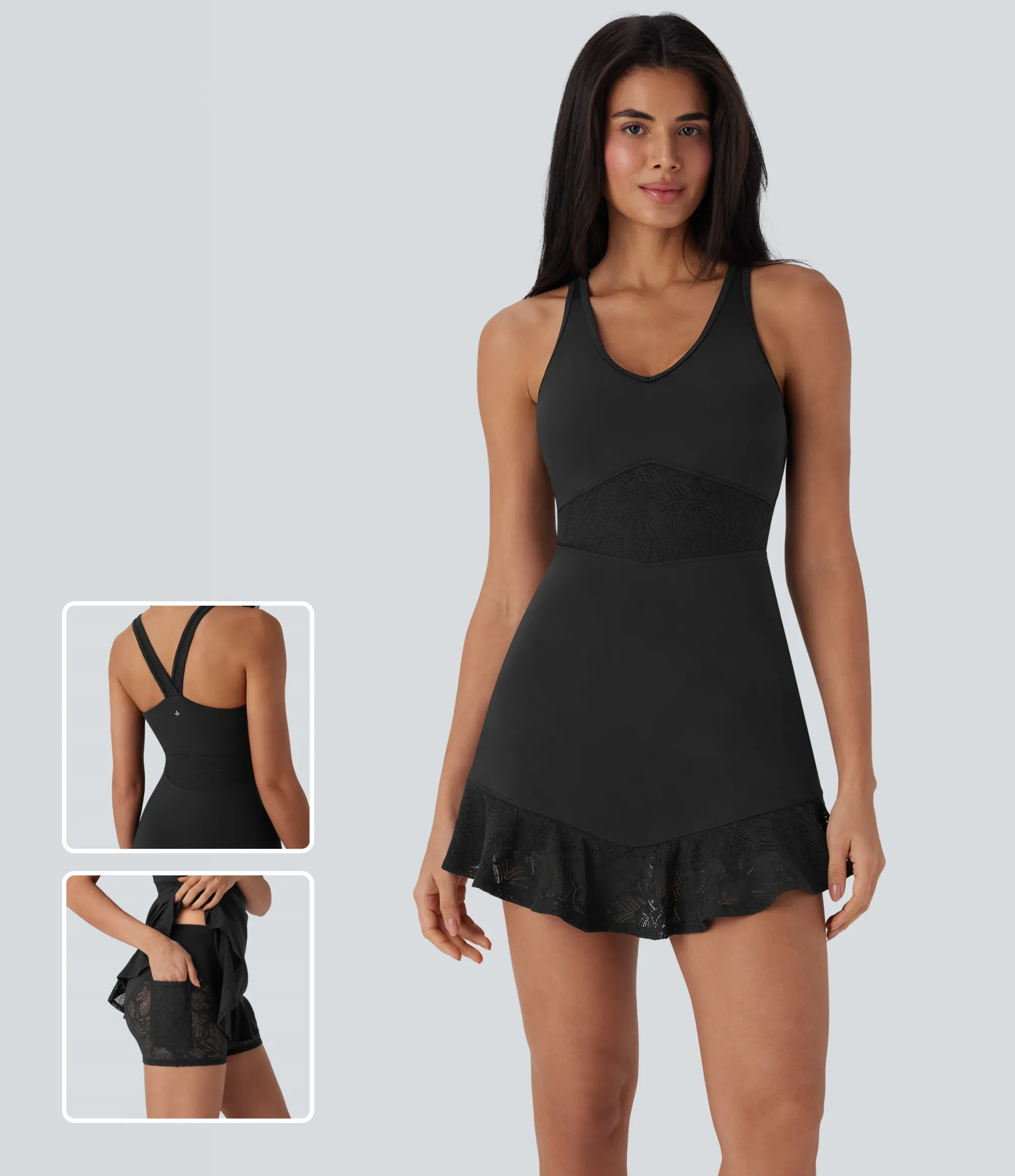 Active Dresses|Mini Dresses<HALARA SoftlyZero™ Contrast Lace 2-Piece Mini Yoga Active Dress with Pocket