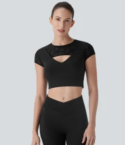 Sports Tops|Sports Tops<HALARA SoftlyZero™ Contrast Lace Short Sleeve Cropped Yoga Sports Top-UPF50+