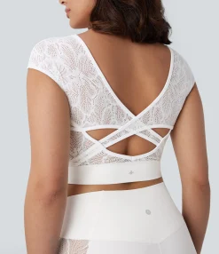 Yoga Tops|Sports Tops<HALARA SoftlyZero™ Contrast Lace Crossover Hem Cropped Yoga Sports Top-UPF50+
