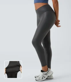 Pocket Leggings|Crossover Leggings<HALARA SoftlyZero™ Faux Leather Crossover Pocket Foil Print Stretchy Casual Leggings