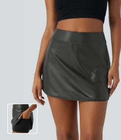 Mini Skirts|Casual Skirts<HALARA SoftlyZero™ Faux Leather High Waisted 2-in-1 Pocket Curved Hem Metallic Foil Print Stretchy Bodycon Mini Skirt