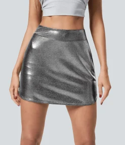 Mini Skirts|Casual Skirts<HALARA SoftlyZero™ Faux Leather High Waisted 2-in-1 Pocket Curved Hem Metallic Foil Print Stretchy Bodycon Mini Skirt