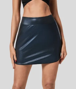 Mini Skirts|Casual Skirts<HALARA SoftlyZero™ Faux Leather High Waisted 2-in-1 Pocket Curved Hem Metallic Foil Print Stretchy Bodycon Mini Skirt