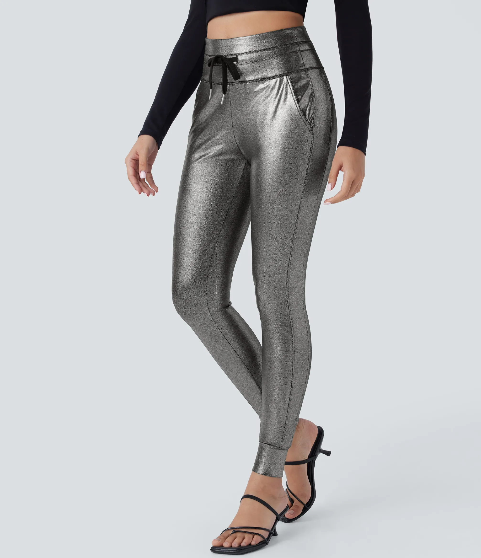 Joggers|Joggers<HALARA SoftlyZero™ Faux Leather High Waisted Drawstring Pocket Metallic Foil Print Stretchy Joggers Shiny Black Silver