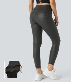Pocket Leggings|Leggings<HALARA SoftlyZero™ Faux Leather High Waisted Pocket Work Leggings