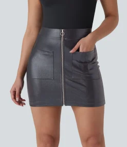Casual Skirts|Mini Skirts<HALARA SoftlyZero™ Faux Leather High Waisted Zipper Pocket Bodycon Metallic Foil Print Stretchy Mini Casual Skirt