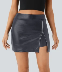 Mini Skirts|Skirts<HALARA SoftlyZero™ Faux Leather High Waisted Zipper 2-in-1 Metallic Foil Print Stretchy Bodycon Mini Skirt