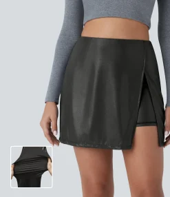 Mini Skirts|Skirts<HALARA SoftlyZero™ Faux Leather High Waisted Hem 2-in-1 Pocket Metallic Foil Print Stretchy Bodycon Mini Skirt