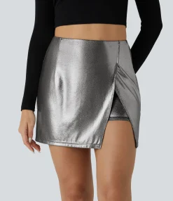 Mini Skirts|Skirts<HALARA SoftlyZero™ Faux Leather High Waisted Hem 2-in-1 Pocket Metallic Foil Print Stretchy Bodycon Mini Skirt