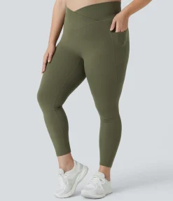 Crossover Leggings|Pocket Leggings<HALARA SoftlyZero™ High Waisted Crossover Pocket Plain Plus Size Full Length Leggings-UPF50+