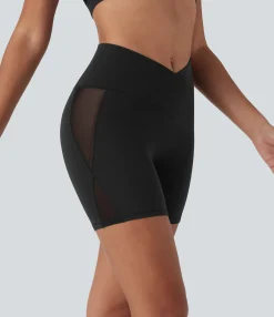 Crossover Shorts|5'' Shorts<HALARA SoftlyZero™ High Waisted Crossover Contrast Mesh Yoga Biker Shorts 5'' with Pocket-UPF50+