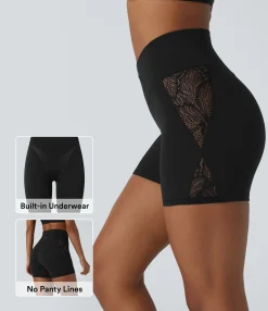 Crossover Shorts|5'' Shorts<HALARA SoftlyZero™ High Waisted Crossover Contrast Lace Built-in Underwear Yoga Biker Shorts 5'' with Pocket-UPF50+