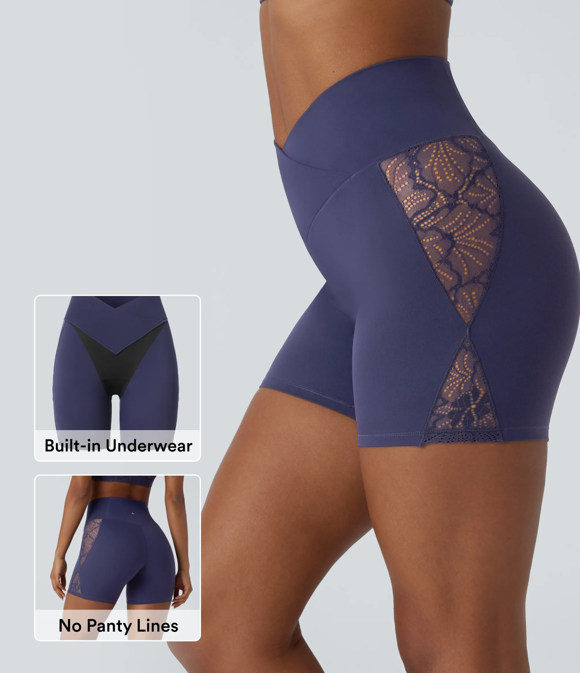 Crossover Shorts|5'' Shorts<HALARA SoftlyZero™ High Waisted Crossover Contrast Lace Built-in Underwear Yoga Biker Shorts 5'' with Pocket-UPF50+