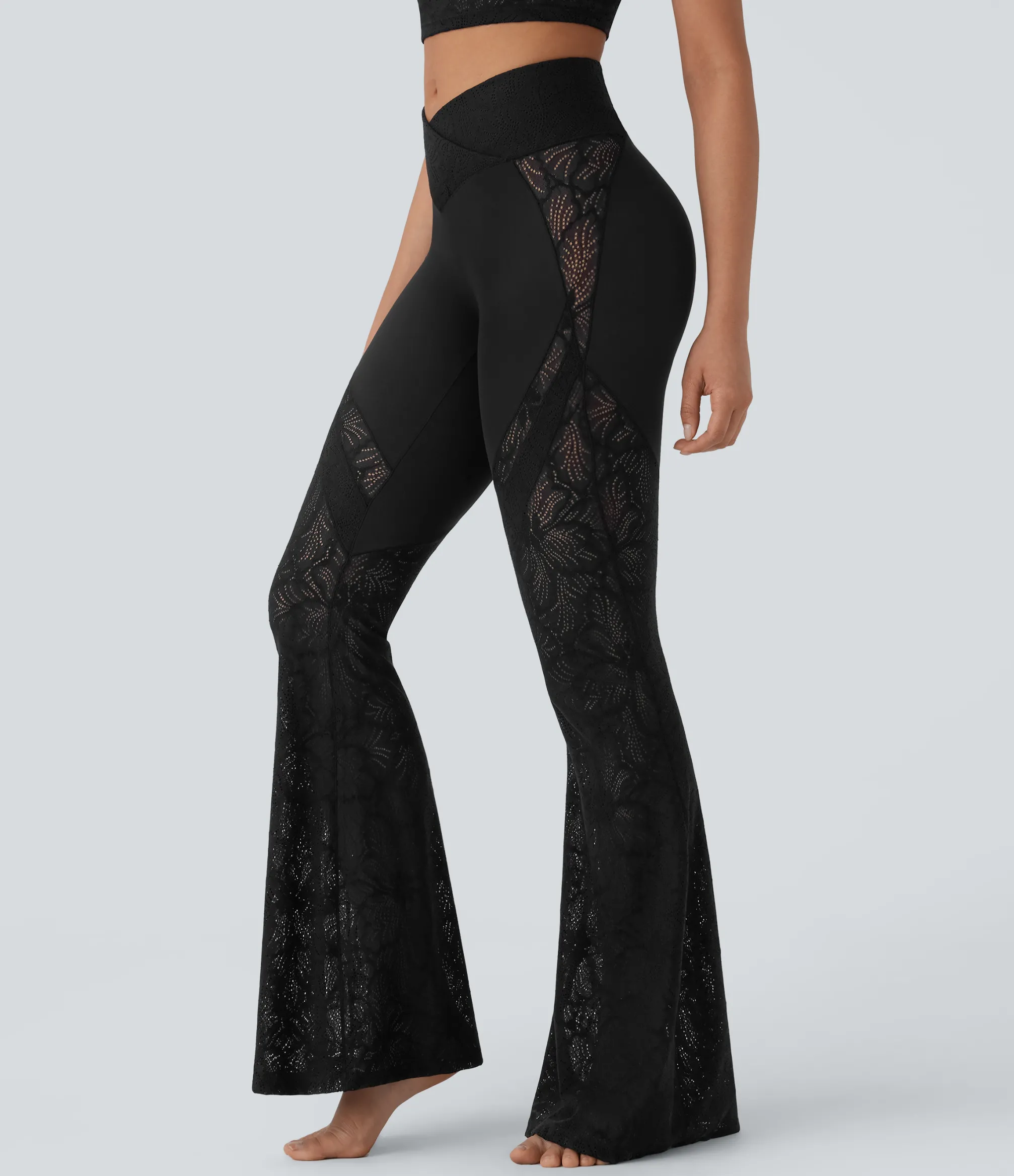 Pocket Leggings|Crossover Leggings<HALARA SoftlyZero™ High Waisted Crossover Pocket Contrast Lace Flare Yoga Leggings