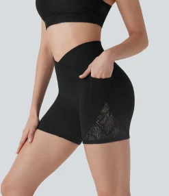 Crossover Shorts|5'' Shorts<HALARA SoftlyZero™ High Waisted Crossover Contrast Lace Yoga Biker Shorts 5'' with Pockets-UPF50+