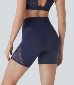 Crossover Shorts|5'' Shorts<HALARA SoftlyZero™ High Waisted Crossover Contrast Lace Yoga Biker Shorts 5'' with Pockets-UPF50+