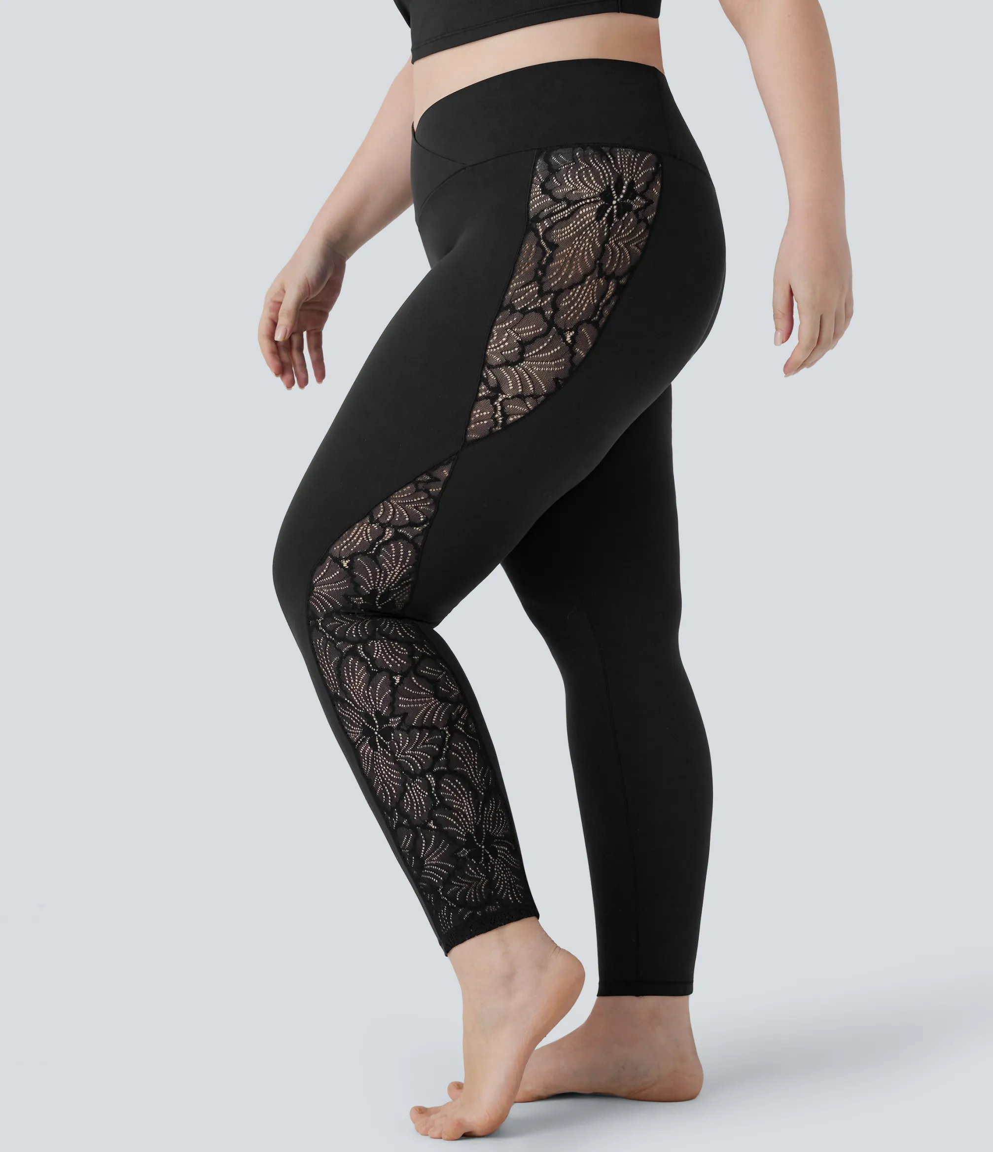 Pocket Leggings|Crossover Leggings<HALARA SoftlyZero™ High Waisted Crossover Contrast Lace Pocket Yoga 7/8 Plus Size Leggings-UPF50+