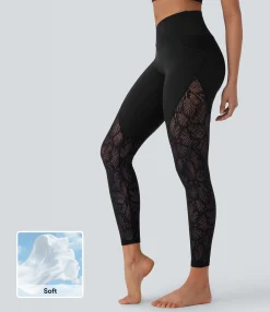 Pocket Leggings|Crossover Leggings<HALARA SoftlyZero™ High Waisted Crossover Pocket Contrast Lace 7/8 Yoga Leggings-UPF50+
