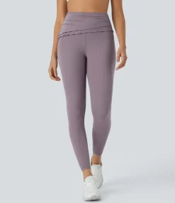 Softlyzero™ Fabric Leggings|Yoga Leggings<HALARA SoftlyZero™ High Waisted Foldover Ruched Lettuce Trim Ankle Length Yoga Leggings-UPF50+