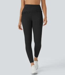 Softlyzero™ Fabric Leggings|Yoga Leggings<HALARA SoftlyZero™ High Waisted Foldover Ruched Lettuce Trim Ankle Length Yoga Leggings-UPF50+