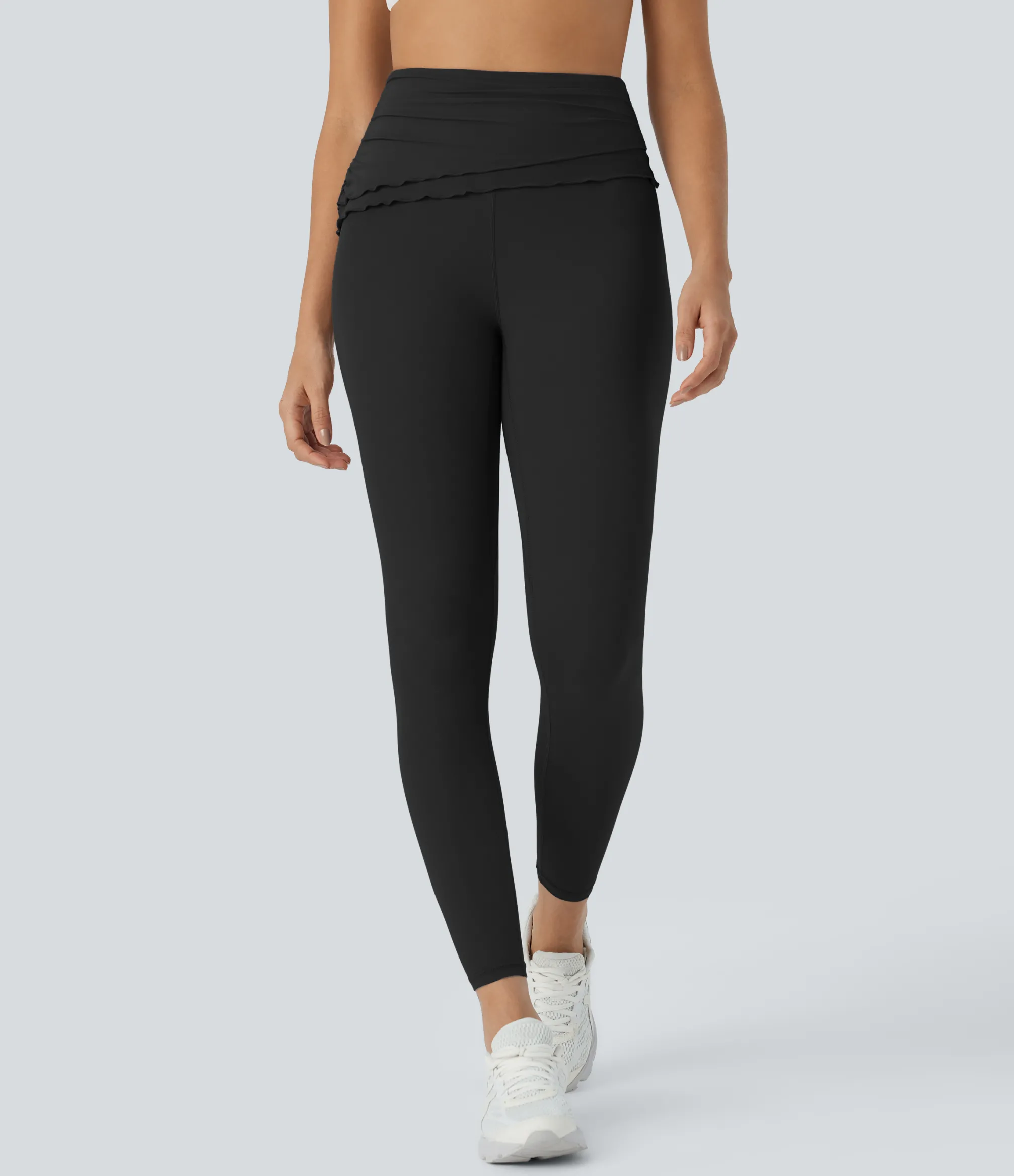 Softlyzero™ Fabric Leggings|Yoga Leggings<HALARA SoftlyZero™ High Waisted Foldover Ruched Lettuce Trim Ankle Length Yoga Leggings-UPF50+