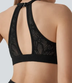 Yoga Tops|Sports Bras<HALARA SoftlyZero™ Low Support Halter Contrast Lace Yoga Sports Bra-UPF50+