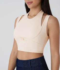 Casual Tops|Tank Tops & Camis<HALARA SoftlyZero™ Plush Halter Buckle 2-in-1 Skinny Cropped Casual Tank Top