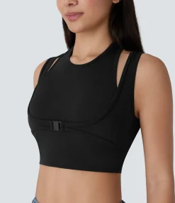 Casual Tops|Tank Tops & Camis<HALARA SoftlyZero™ Plush Halter Buckle 2-in-1 Skinny Cropped Casual Tank Top