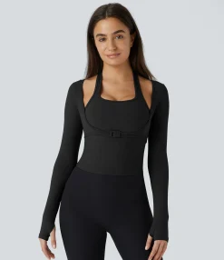 Yoga Tops|Sports Tops<HALARA SoftlyZero™ Plush Halter Thumb Hole Long Sleeve 2-in-1 Yoga Sports Top