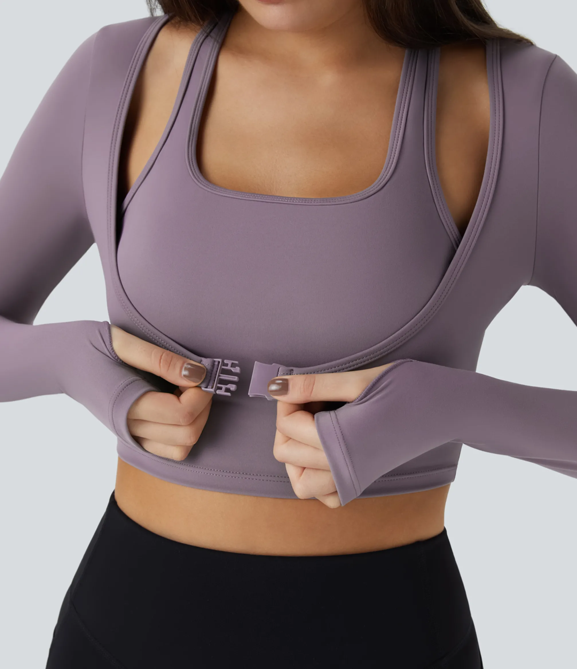 Yoga Tops|Casual Tops<HALARA SoftlyZero™ Plush Halter Thumb Hole Long Sleeve Cropped 2-in-1 Yoga Sports Top