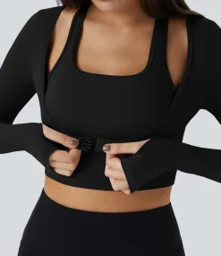 Yoga Tops|Casual Tops<HALARA SoftlyZero™ Plush Halter Thumb Hole Long Sleeve Cropped 2-in-1 Yoga Sports Top