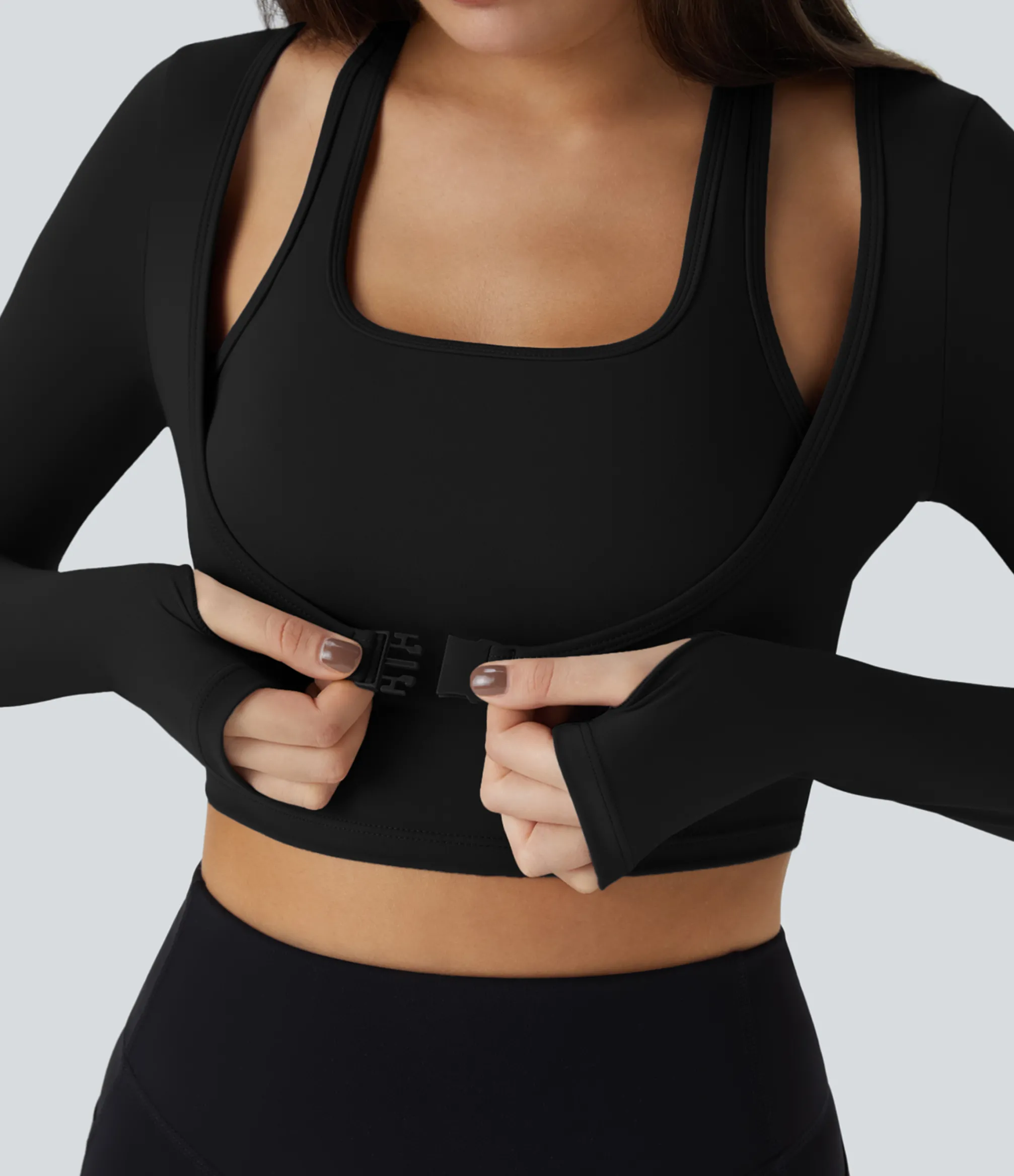 Yoga Tops|Casual Tops<HALARA SoftlyZero™ Plush Halter Thumb Hole Long Sleeve Cropped 2-in-1 Yoga Sports Top