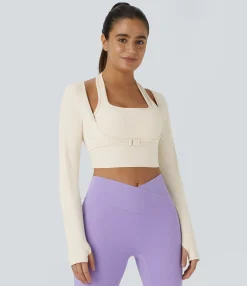 Yoga Tops|Casual Tops<HALARA SoftlyZero™ Plush Halter Thumb Hole Long Sleeve Cropped 2-in-1 Yoga Sports Top