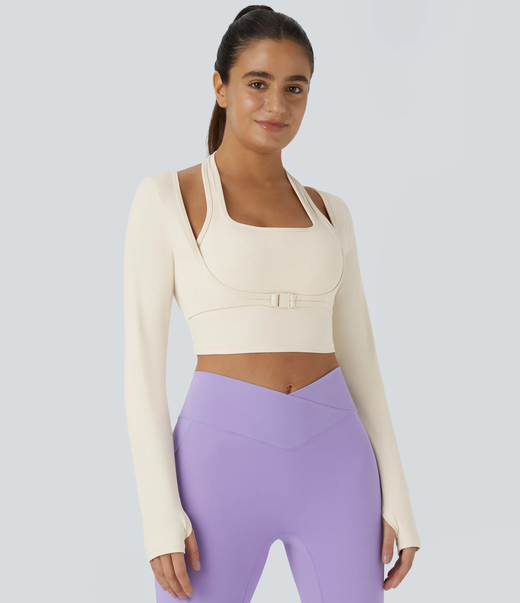 Yoga Tops|Casual Tops<HALARA SoftlyZero™ Plush Halter Thumb Hole Long Sleeve Cropped 2-in-1 Yoga Sports Top