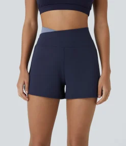 Crossover Shorts|Active Shorts<HALARA SoftlyZero™ Plush High Waisted Crossover Color Block Curved Hem Yoga Shorts