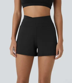 Crossover Shorts|Active Shorts<HALARA SoftlyZero™ Plush High Waisted Crossover Color Block Curved Hem Yoga Shorts