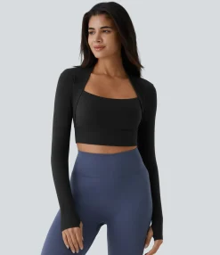 Sports Tops|Sports Tops<HALARA SoftlyZero™ Plush Long Sleeve Thumb Hole 2-in-1 Cropped Yoga Sports Top