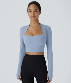 Sports Tops|Sports Tops<HALARA SoftlyZero™ Plush Long Sleeve Thumb Hole 2-in-1 Cropped Yoga Sports Top