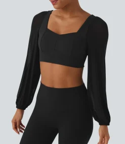 Sports Tops|Sports Tops<HALARA SoftlyZero™ Plush Long Sleeve Contrast Mesh Cropped Yoga Sports Top