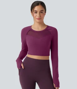 Sports Tops|Sports Tops<HALARA SoftlyZero™ Plush Long Sleeve Thumb Hole Contrast Mesh Cropped Yoga Sports Top