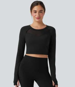 Sports Tops|Sports Tops<HALARA SoftlyZero™ Plush Long Sleeve Thumb Hole Contrast Mesh Cropped Yoga Sports Top