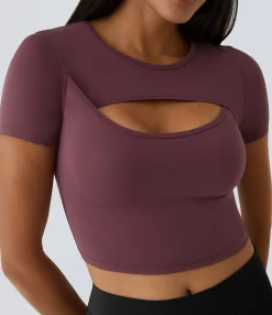 Casual Tops|Yoga Tops<HALARA SoftlyZero™ Plush Round Neck Cut Out Short Sleeve Cropped Barre Ballet Dance Sports Top