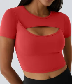 Casual Tops|Yoga Tops<HALARA SoftlyZero™ Plush Round Neck Cut Out Short Sleeve Cropped Barre Ballet Dance Sports Top