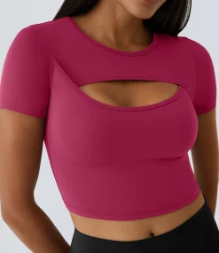 Casual Tops|Yoga Tops<HALARA SoftlyZero™ Plush Round Neck Cut Out Short Sleeve Cropped Barre Ballet Dance Sports Top