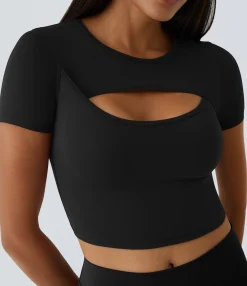 Casual Tops|Yoga Tops<HALARA SoftlyZero™ Plush Round Neck Cut Out Short Sleeve Cropped Barre Ballet Dance Sports Top