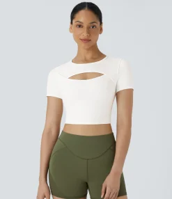 Casual Tops|Yoga Tops<HALARA SoftlyZero™ Plush Round Neck Cut Out Short Sleeve Cropped Barre Ballet Dance Sports Top